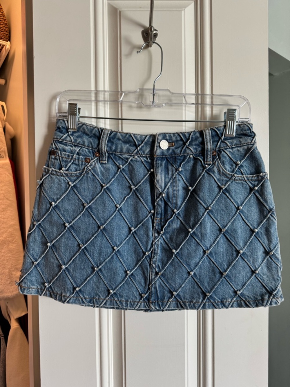 Alice + Olivia Denim Mini Skirt with Quilted Diamond Stitch